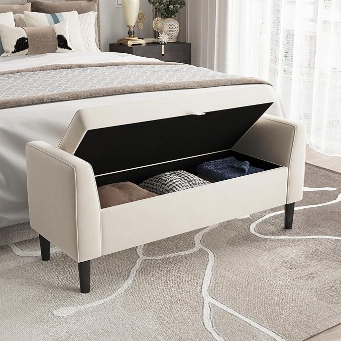Garvee 46.5 in Storage Ottoman Bench – Upholstered End-of-Bed Storage Chest with Rolled Armrests & Wood Legs, Entryway Shoe Bench and Footrest Seat for Hallway, Bedroom & Living Room （Beige）