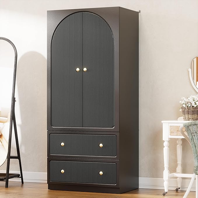 PAKASEPT Armoire Wardrobe Closet with 2 Drawers & Hanging Rod, Freestanding Wooden Wardrobe Cabinet with 2 Striped Doors for Bedroom, Living Room