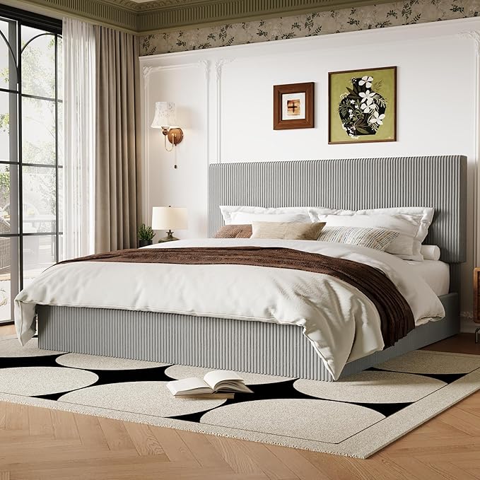 Allewie King Bed Frame, Upholstered Platform Bed, Adjustable Vertical Channel Tufted Headboard, Corduroy Fabric, Modern Low Profile, Wooden Slats, No Box Spring Needed, Easy Assembly, Light Grey