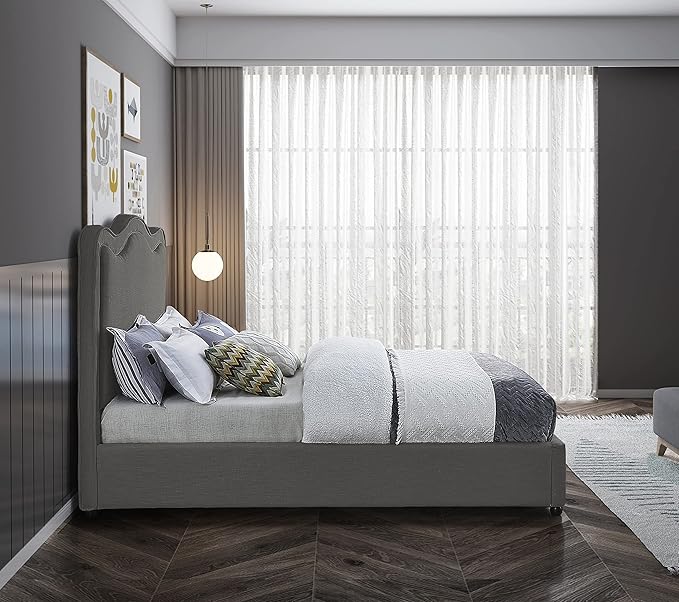 Meridian Furniture FelixGrey-F Felix Collection Modern | Contemporary Linen Textured Fabric Upholstered Bed with Curved Headboard and Espresso Wood Legs, 59.5" W x 81" D x 55.5" H, Grey, Full