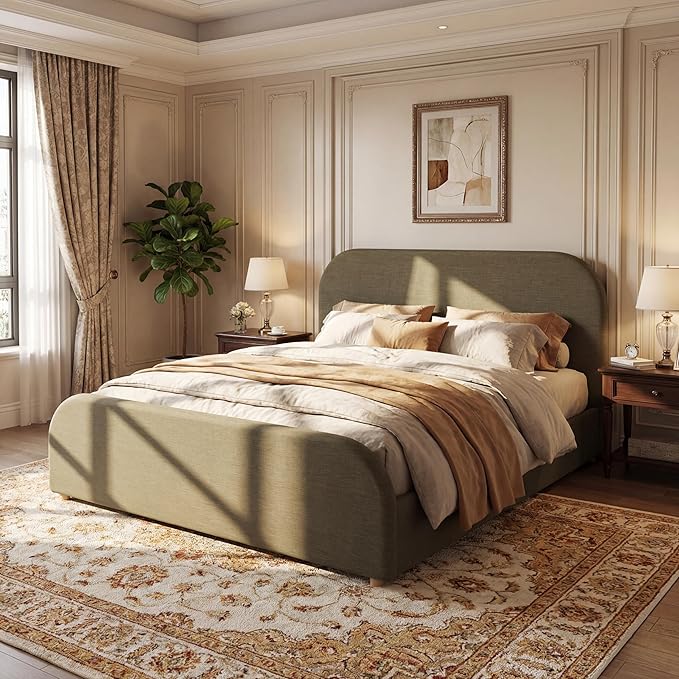 Christopher Knight Home Lanet Linen Upholstered King Size Bed Frame with Headboard, Modern King Bed Frame and Headboard, Wooden Slats Support, Easy Assembly, No Box Spring Needed, Olive Green
