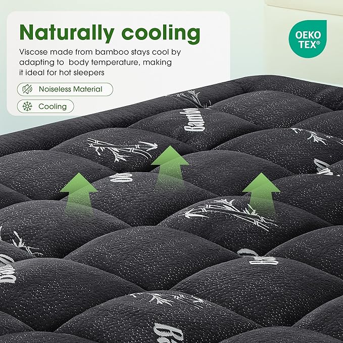 Mattress Pad Full Size, Cooling Pillow Top Mattress Topper, Ultra Soft Viscose from Bamboo, Breathable for Hot Sleepers, Deep Pocket 8"-20", Black