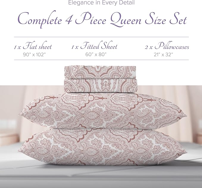 Carressa Linen 100% Egyptian Cotton Queen Sheet Set - 600 Series Hydrangeas Printed Egyptian Cotton Queen Sheets Set (4 PC, Paisley), 16" Deep Pocket Sateen Weave Luxury Hotel Bed Sheet