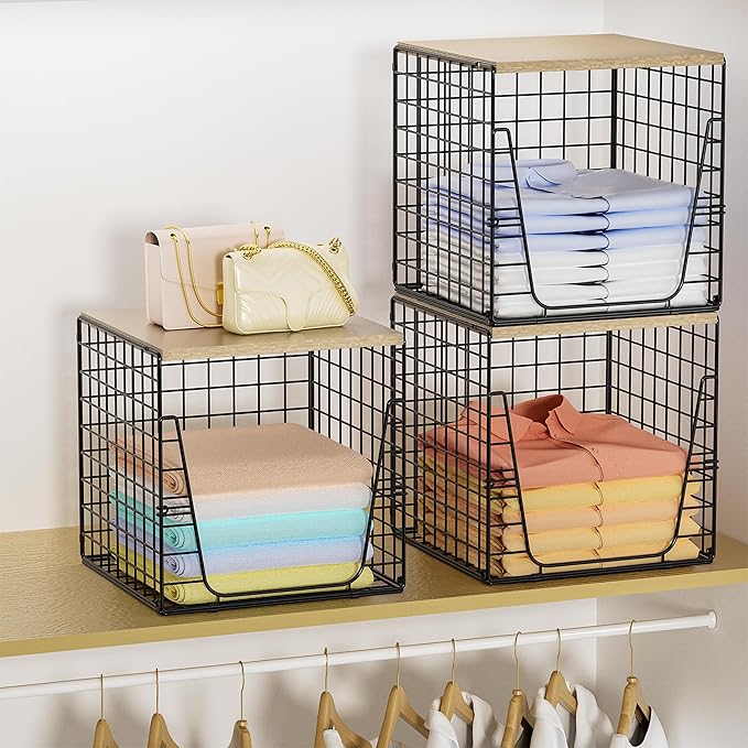 SWTYMIKI 3PCS Closet Organizers and Storage - Stackable Closet Basket with Wood Top Shelf, Clothes Storage Shelves, Clothes Drawer Bins for Wardrobe, Bedroom, Entryway, Black