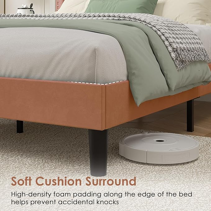 VECELO Queen Size Platform Bed Frame with Height Adjustable Upholstered Headboard, Modern Mattress Foundation,Strong Wood Slat Support, No Box Spring Needed, Easy Assembly,Brown