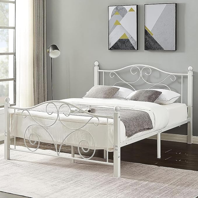 VECELO Queen Size Bed Frame with Headboard and Footboard, Heavy Duty Metal Slat Support, Platform Mattress Foundation, No Box Spring Needed, Easy Assembly, White