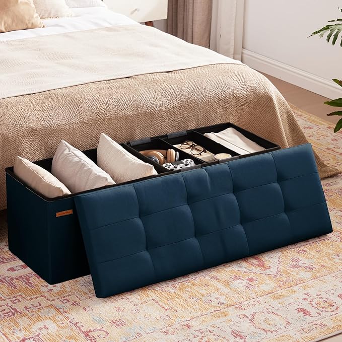 HAUSFRAU Storage Ottoman Bench with Flipping Lid, 43.3 Inches Storage Chest Footsrest, Folding Foot Stool for Entryway, Living Room, Bedroom, Linen Navy Blue