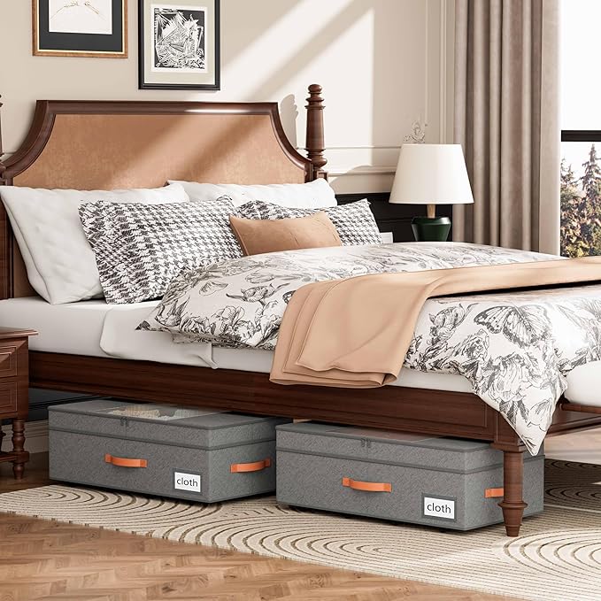 TOSKING 2-Pack Under Bed Storage Drawers with Wheels, 6 Vacuum Bags, Adjustable Height 7.9-10.2", Large 90L/80 lbs Clear Lid, 900D Oxford, Space Saver for Dorm Bedroom, Blankets, Clothes, Shoes, Gray