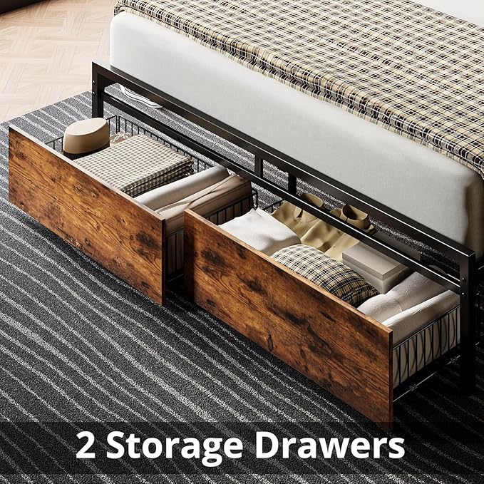LIKIMIO Full Size Bed Frame, Storage Headboard with Charging Station, Platform Bed with Drawers, No Box Spring Needed, Easy Assembly, Industrial Brown and Black