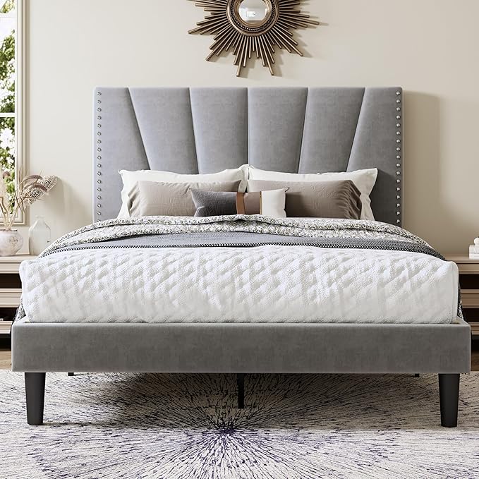 Allewie Queen Size Bed Frame with Adjustable Velvet Upholstered Headboard, Rivet-Style Nailhead Trim Detail Platform Bed Frame, Wooden Slat Support, No Box Spring Needed, Easy Assembly, Grey