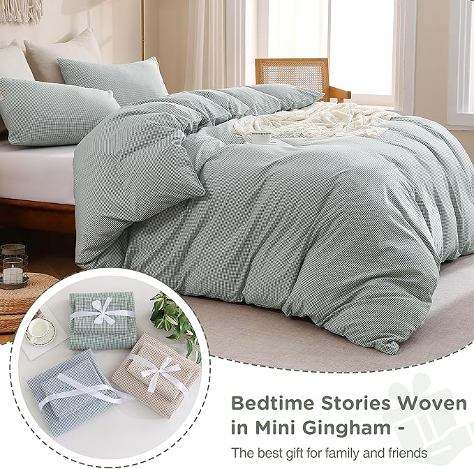 TOCOMOA Mini Gingham Green Duvet Cover Bedding Set 100% Washed Cotton Like Linen Feel Super Soft Comfortable 3 Piece Small Plaid Checkered Comforter Cover Set (King 104"x90", Comforter Not Included)