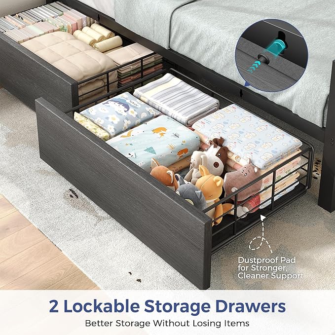 Jocoevol Twin Corner Bed Frame with Storage Drawers and LED Light, Heavy Duty Metal Daybed with Upholstered Storage Headboard & Charging Station, Twin Size Day Bed for Kids Teens Guests, Black