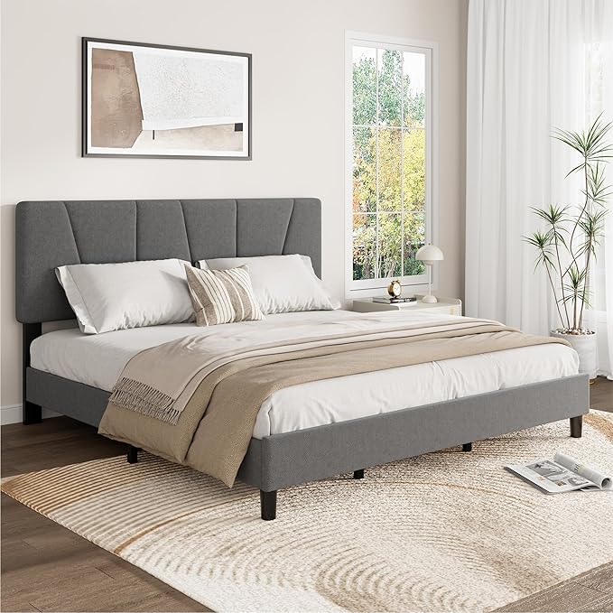 IDEALHOUSE Queen Size Upholstered Bed Frame with Headboard, Heavy Duty Platform Bed Frame, Adjustable Headboard, Noise-Free, No Box Spring Needed, Easy Assembly