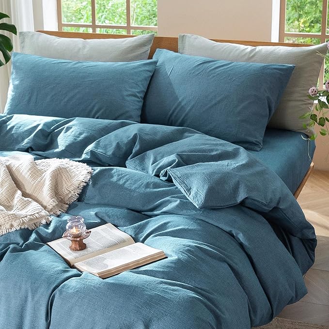 MooMee Bedding Duvet Cover Set 100% Washed Cotton Linen Like Textured Breathable Durable Soft Comfy (Heathered Peacock Blue, Queen 90"x90")