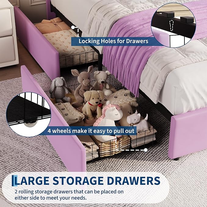 GarveeHome Full Bed Frame with Storage Headboard, Kids Bed Frame with 2 Drawers, Velvet Upholstered Platform Bed Frame with Lights, No Box Spring Needed, Easy Assembly, Velvet Purple