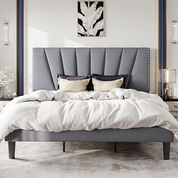 SHA CERLIN King Size Bed Frame with Adjustable Upholstered Velvet Rivets Headboard, Sturdy Wooden Slats, Strong Platform Support for Mattress, No Box Spring Needed, Easy Assembly, Grey