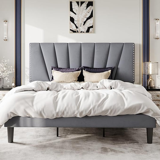 SHA CERLIN King Size Bed Frame with Adjustable Upholstered Velvet Rivets Headboard, Sturdy Wooden Slats, Strong Platform Support for Mattress, No Box Spring Needed, Easy Assembly, Grey