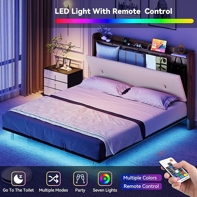 YITAHOME Queen Size Floating Bed Frame with Charging Station, PU Upholstered Platform Bed with 43.3'' Headboard, Hidden Storage, RGB LED Lights, No Box Spring Needed, Easy Assembly, Noise-Free, Beige