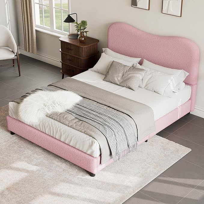 GarveeHome Boucle Queen Bed Frame with Upholstered Headboard, Soft Low Profile Sturdy Platform Bed with Rounded Corners Design, Heavy Duty, Wooden Slats, Noise Free, No Box Spring Needed, Pink