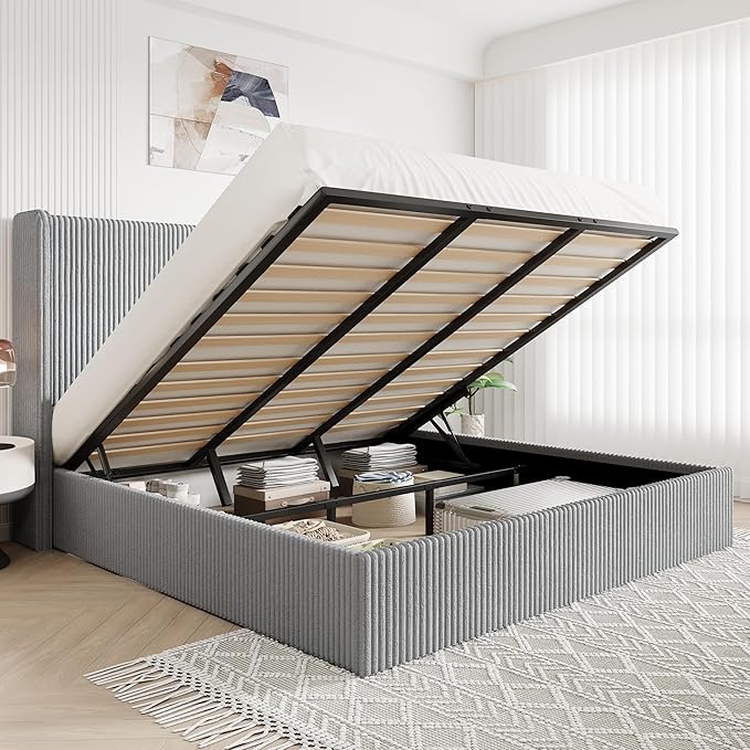 Allewie King Lift-Up Storage Bed Frame with Modern Wingback Headboard, Corduroy Upholstered Platform Bed, Hydraulic Gas Lift Support, Underbed Storage, Wooden Slats, No Box Spring Needed, Grey