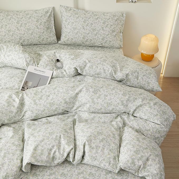 VM VOUGEMARKET Twin Duvet Cover Set with Green Flower Pattern,Pure Cotton Bedding Set Vintage Floral Prints Comforter Cover Conquette Cottagecore Bedding for Teen Girls