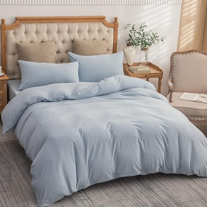 PURE ERA Jersey Knit Duvet Cover Set 100% T-Shirt Cotton Super Soft Comfy 3pc Bedding Set with Zipper Closure (Solid Light Blue, King)