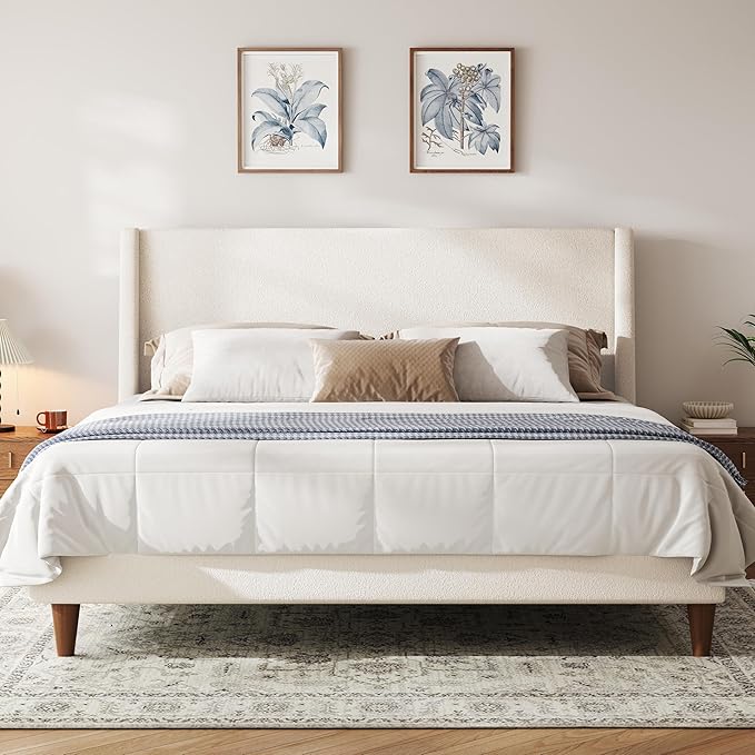Merax Solid Wood Queen Size Boucle Bed Frame with Wingback Headboard, Modern Upholstered Platform with Walnut Wooden Legs, Strong Wooden Slats, No Box Spring Needed, Easy Assembly, Noise-Free, Ivory