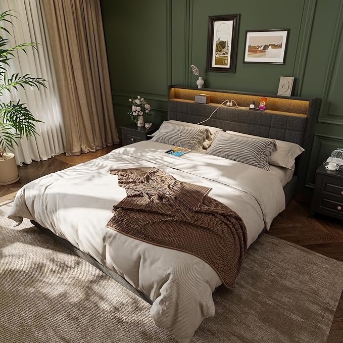 Forestell Queen Bed Frame with 4 Drawers and Storage Headboard, Grey Upholstered Platform Bed Frame Queen Size with Charging Station and LED Lights, Metal Slats Support, No Box Spring Needed