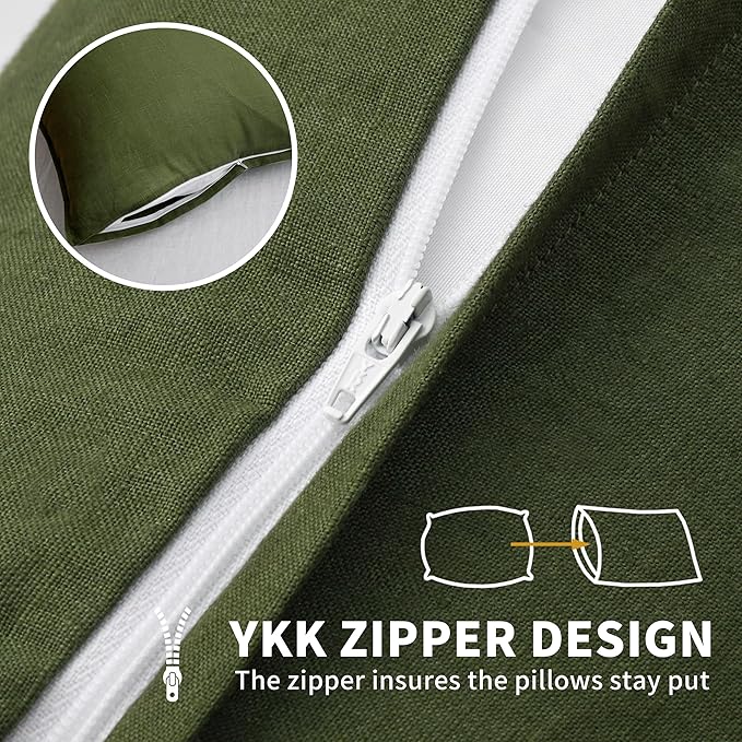 CHUFFED Linen Pillowcases 2 Pack 100% Linen Standard Pillow Cases, Breathable and Cooling Washed Pillowshams with Zipper Closure, 20x26 Inches,Mossy Green