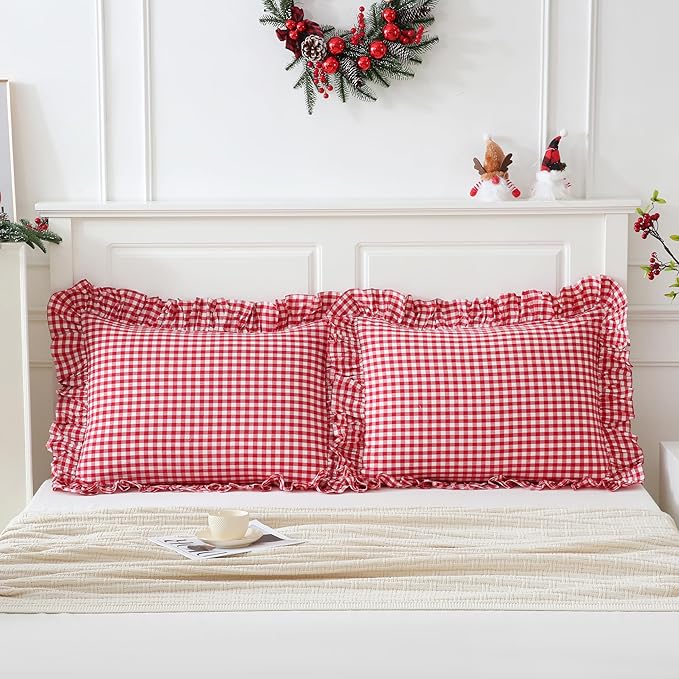 2 Pack Red/White Gingham Pillowcase 20x26 inches 100% Washed Cotton Ruffled Vintage Pillow Sham Standard Size Pillow Cover for Couch Bed Living Room