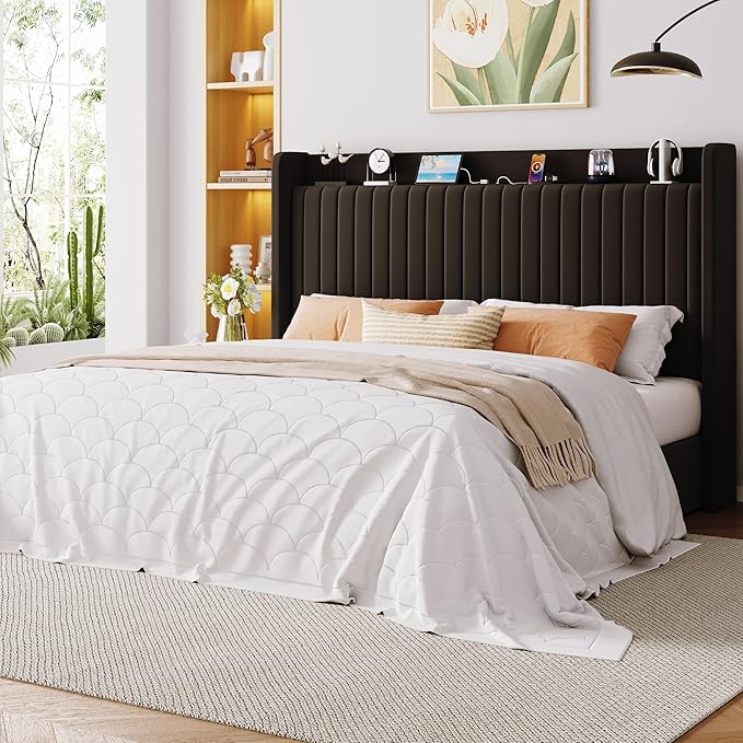 Allewie King Size Lift Up Storage Bed Frame,Storage Shelf Headboard with Charging Station,Type-C and USB Ports,Hydraulic Support,Velvet Upholstered Bed Frame,No Box Spring Needed,Black