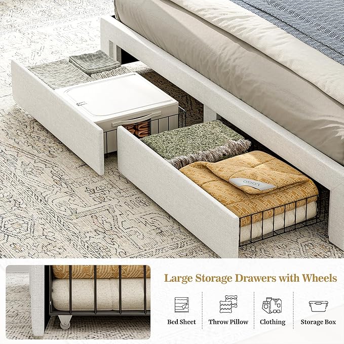 California King Bed Frames with 4 Drawers, Hidden Storage Headboard with LED Lights and Charging Station, Upholstered Cal King Platform Bed, Noise Free, No Box Spring Needed, White
