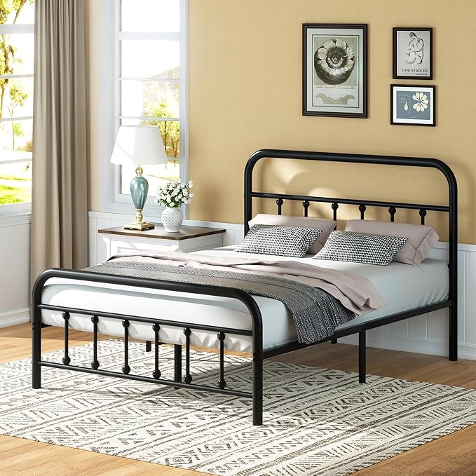 Shintenchi Full Size Metal Platform Bed Frame with Headboard & Footboard, Steel Slat Mattress Foundation, Under Bed Storage, Noise-Free, No Box Spring Needed, Black Round