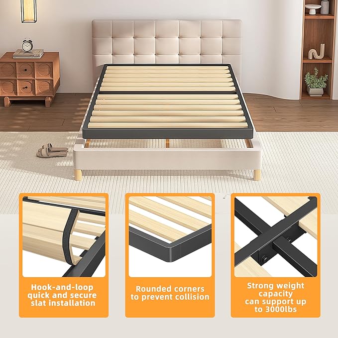 VIPSHOW 2 Inch Wood Slat Twin XL Box Spring with Round Corners - 3000 lbs Capacity, Low Profile Bed Slat Replacement Bunkie Board with Metal Frame, Noise-Free, Easy Assemble, Black