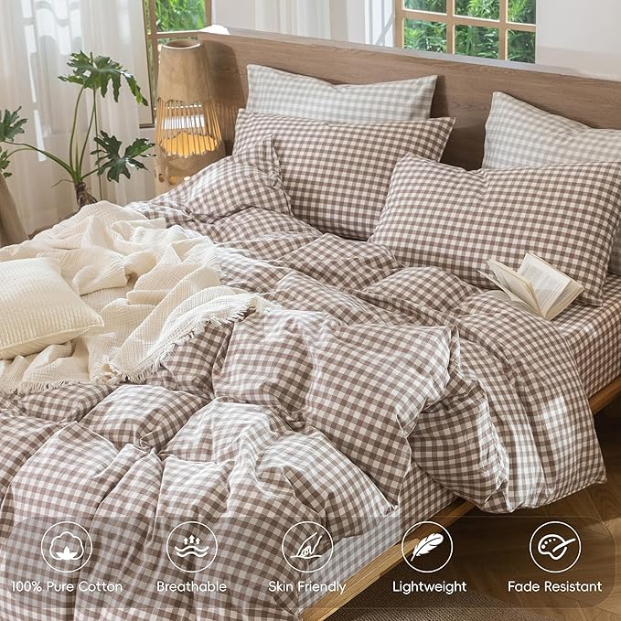 MooMee Gingham Duvet Cover Set 100% Washed Cotton Linen Like Textured Breathable Durable Soft Comfy Modern Checkered Design (Brown Gingham, Palatial King/Oversized King 120"x98")