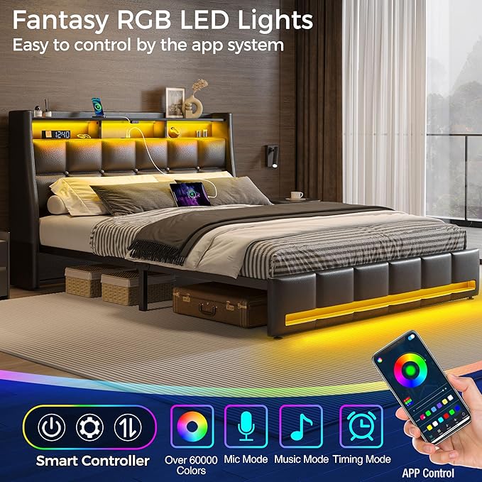 Rolanstar Full Size Bed Frame with LED Lights and Charging Station, Upholstered Headboard with 2-Tier Storage Shelves, Heavy Duty Metal Frame, Noise-Free Support, Easy Assembly, No Box Spring Needed