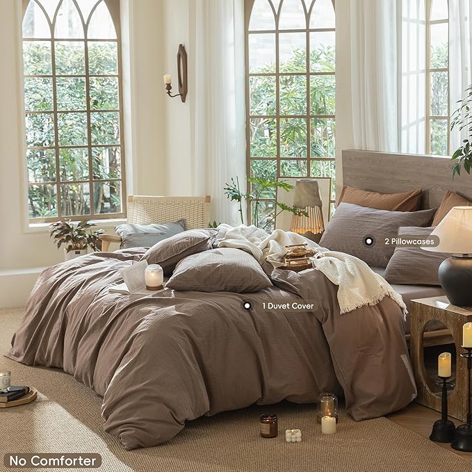 MooMee Wavy Striped Duvet Cover Set 100% Washed Cotton Linen Like Textured Breathable Durable Soft Comfy (Brown, Super King Plus 120"x120")