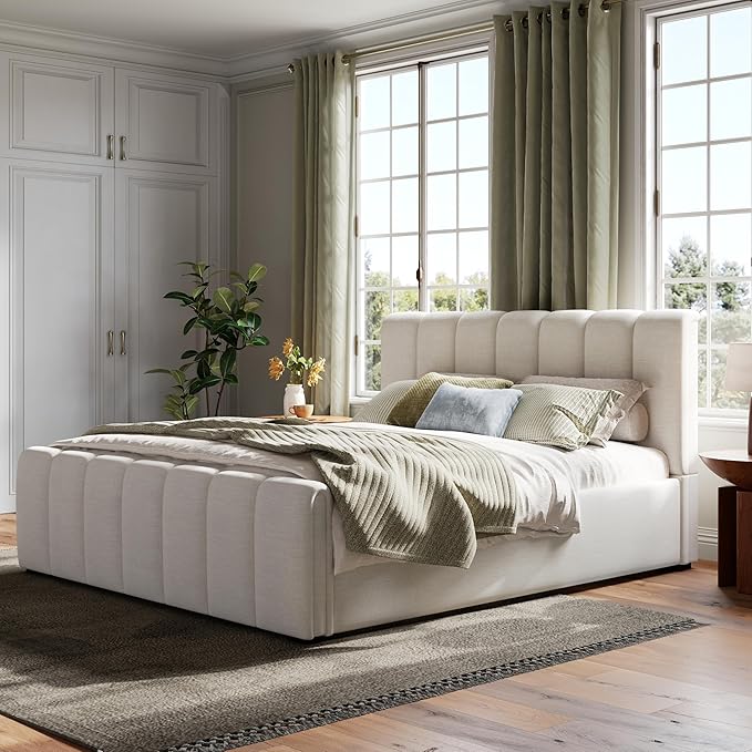 Merax Queen Size Upholstered Platform Bed with Thick Headboard and Footboard, Block Style Linen Fabric Bed Frame with Solid Wood Legs, Beige