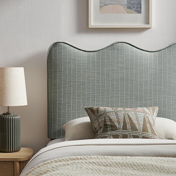 Monday Athena Striped Fabric Upholstered Twin Size Adjustable Headboard in Spa Blue Stripe - with Scalloped Wave Design and Soft Linen-Like Fabric