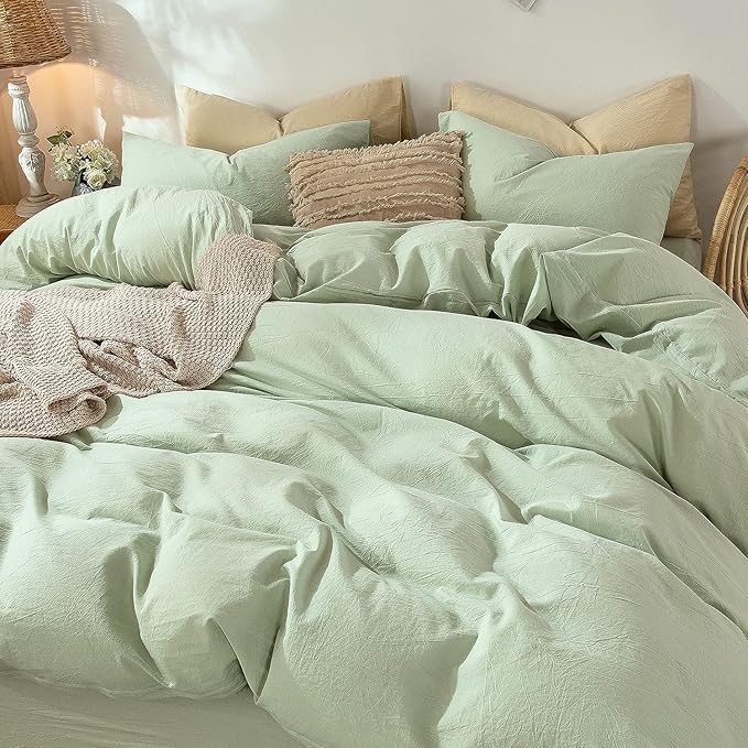 MooMee Bedding Duvet Cover Set 100% Washed Cotton Linen Like Textured Breathable Durable Soft Comfy (Heathered Seaglass Green, King 104"x90")