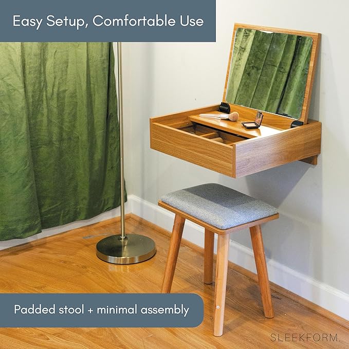 Sleekform Small Vanity Desk Dressing Table with Mirror & Chair - 18x20 Floating Vanity Makeup Table for Small Spaces, Wall Mounted Compact Make Up Tables with Flip Up Top, Nightstand Bedroom Vanities