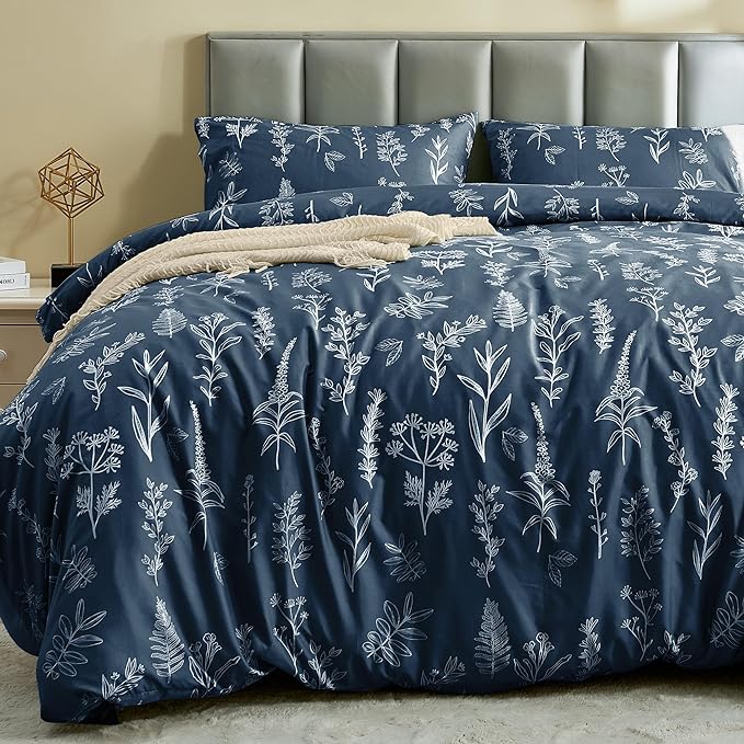 MUXHOMO Duvet Cover King Size, Reversible Floral Navy Duvet Cover Set with Zipper Closure, 3 Pieces Botanical Patterns Soft Microfiber Bedding Set (90"x104", 2 Pillow Cases 20"×36")