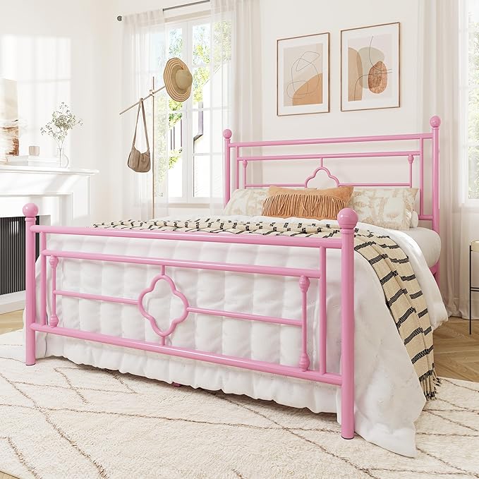 Allewie Queen Size Metal Platform Bed Frame with Victorian Vintage Headboard and Footboard/Mattress Foundation/Under Bed Storage/No Box Spring Needed/Noise-Free/Easy Assembly, Pink