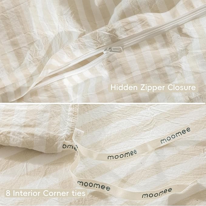 MooMee Striped Duvet Cover Set 100% Washed Cotton Linen Like Textured Breathable Durable Soft Comfy (Almond Milk Grey Classic Stripes, Alaska King 132"x120")