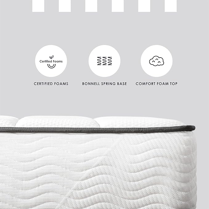 Mellow 8 Inch Classic Bonnell Spring Mattress, Comfort Foam Top with Innerspring Base, CertiPUR-US Certified Foam, Queen,White