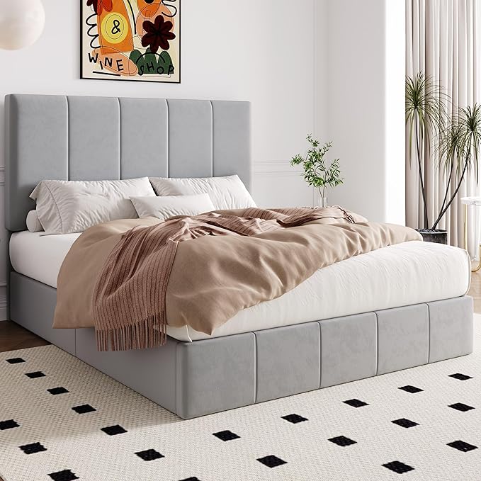 Allewie Full Size Velvet Lift Up Storage Bed Frame, Vertical Channel Tufted Headboard, Hydrualic Underneath Storage, Upholstered Platform Bed, Wooden Slats Support, No Box Spring Needed, Gray