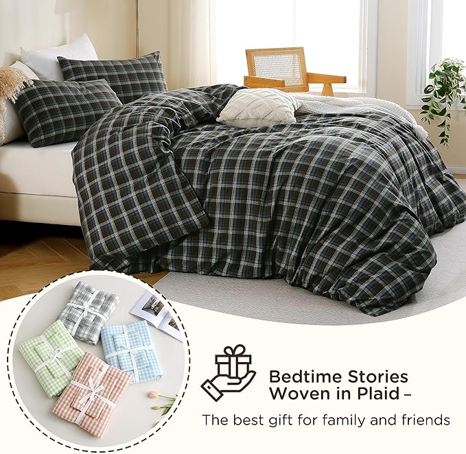 TOCOMOA Buffalo Plaid Duvet Cover Set 100% Washed Cotton Like Linen Feel Super Soft Comfy 3 Piece Brown Blue Gingham Checkered Bedding Comforter Cover Set (Queen 90"x90", Comforter Not Included)