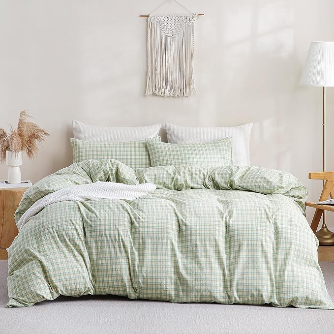 TOCOMOA Plaid Duvet Cover Set 100% Washed Cotton Like Linen Feel Super Soft Comfy 3 Piece Green and Yellow Gingham Checkered Bedding Comforter Cover Set (Queen 90"x90", Comforter Not Included)
