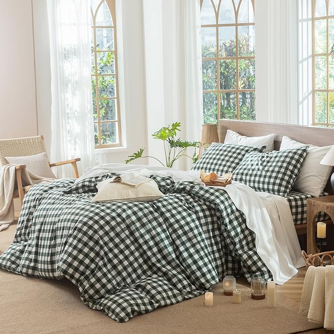 MooMee Gingham Duvet Cover Set 100% Washed Cotton Linen Like Textured Breathable Durable Soft Comfy Modern Checkered Design (Buffalo Plaid Forest Green, Queen 90"x90")