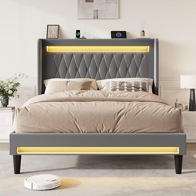 SHA CERLIN Queen Size LED Bed Frame with Charging Station, Velvet Upholstered Platform Bed with High Wingback Headboard, No Box Spring Needed, Easy Assembly, Grey